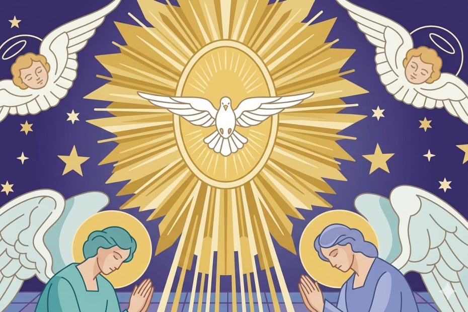 Troisième Mystère : L’Esprit Saint et l’Église - des langues de feu douces descendant sur une assemblée stylisée en prière
